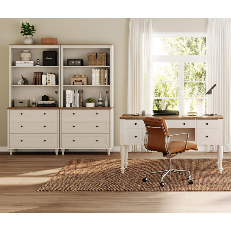 Greison Executive Desk Office Set with Bookcase, Brown/White