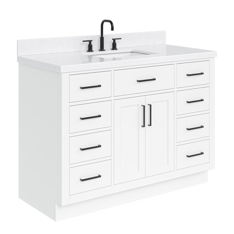 Tidworth 48'' Solid Wood Single Bathroom Vanity with 1.5'' Carrara Quartz Top Sink, White, Rectangular