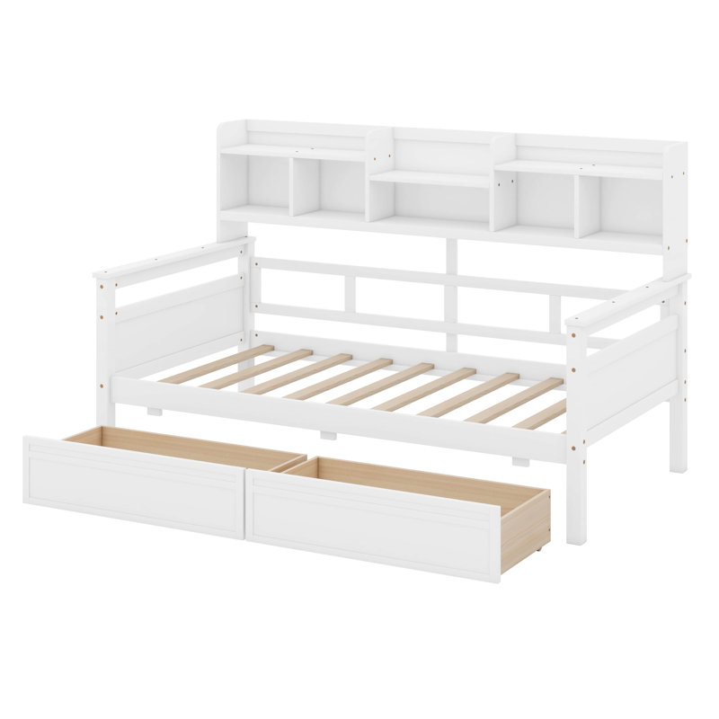 Bookcase Wood Daybed with Bedside Shelf and Two Drawers, White, Twin