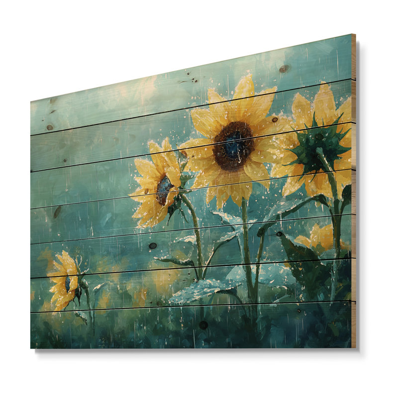 Pluie de tournesols lavés à la pluie II - Décoration murale en bois de tournesols - sur bois de pin naturel