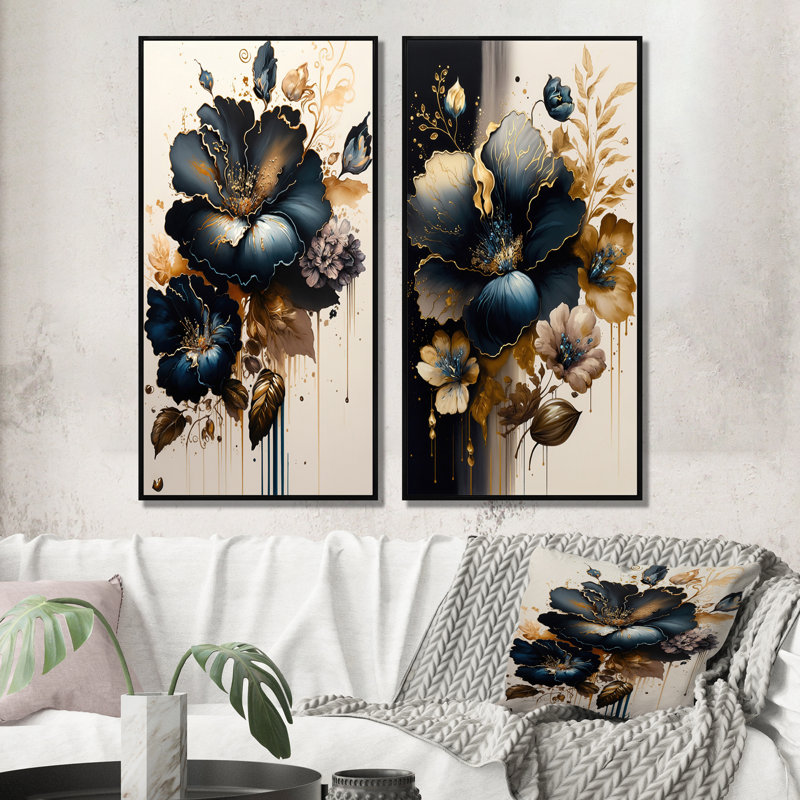 «Bleu foncé et hibiscus doré», 2 pièces sur toile, Cadre noir, H 32 po x l 32 po