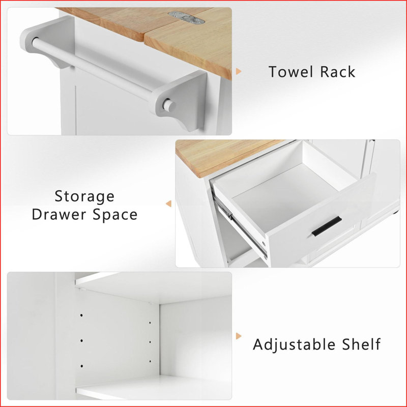 Îlot de cuisine avec plateau pliable, rangement et amp; Roues verrouillables, blanc neige | Bois aggloméré, bois d'hévéa | Moderne