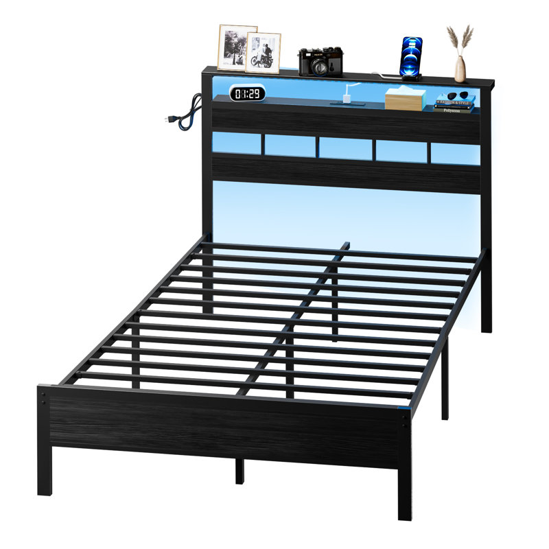 Metal Bed Frame with Charging Station, RGB LED Lights and Storage Headboard, Full / Double