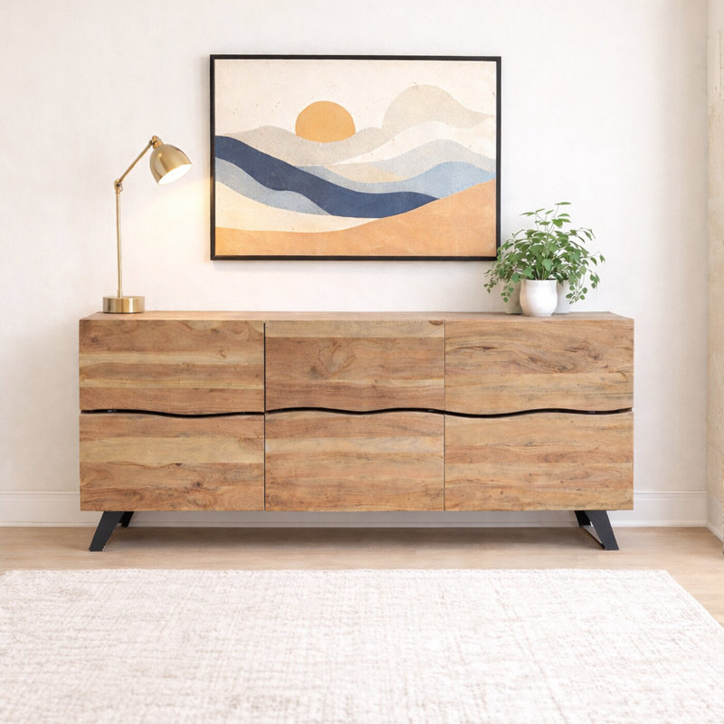 Buffet en bois d'acacia de 71 po de large Morrell, Noir / brun clair