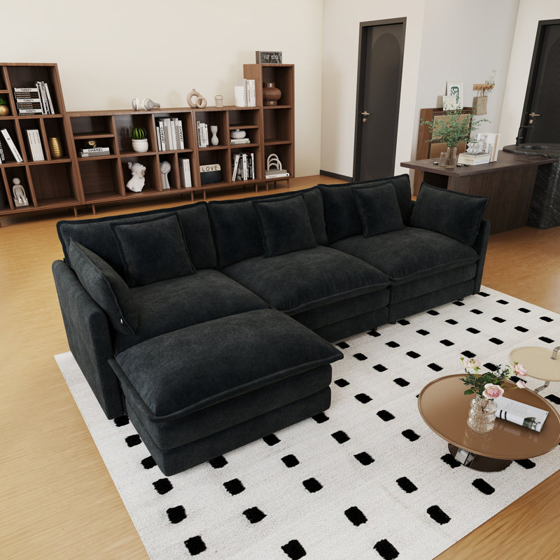 Ensemble de salon, canapé en L, canapé en chenille, 3 places, pour le salon, Chenille noir