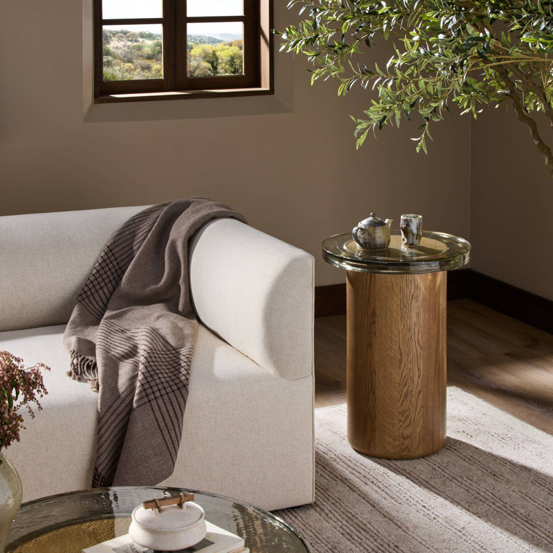 Shira Small End Table-Light Brown Oak, Clear Cast Glass