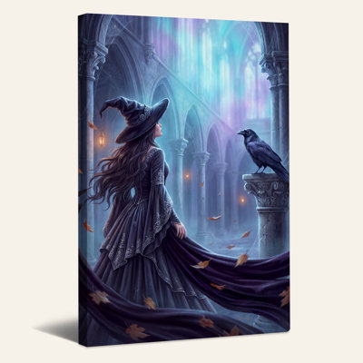 " Witch And Raven In Purple Gothic Cathedral Halloween " Painting Print
