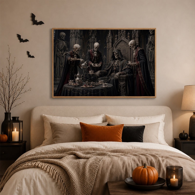 Squelettes gothiques en robes rouges autour d'une table à thé - Toile murale d'Halloween, H 18 po x l 24 po