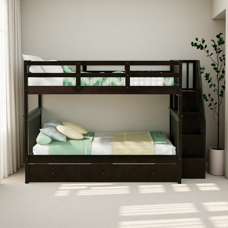 Lit superposé double avec tiroir et garde-corps, lit superposé pour enfant pour chambre à coucher, Espresso