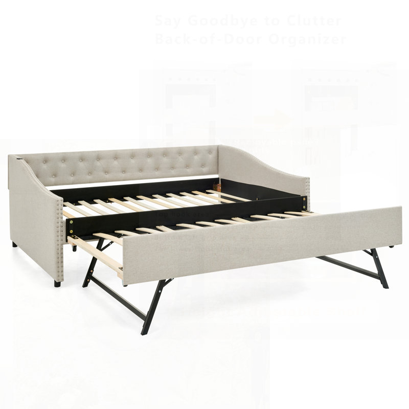 Daybed With USB Charging, Twin Size Pull-Out Extendable Bed, Button Back, And Copper Nail Waved Shape Arms For Modern Comfort