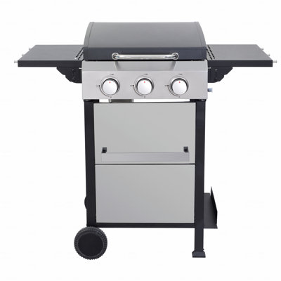 3-Burner Propane Gas Bbq Grill, Ss Plancha, Output With Wire Enamel Cooking Grids For Outdoor Barbecue, Foldable Side Table, Hanging Basket, Stainless Steel