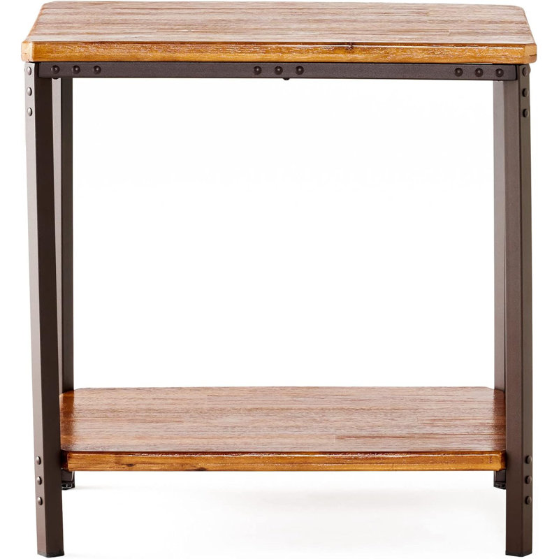 Rustic Metal And Hardwood End Table With Bottom Shelf For Extra Storage, Easy Assembly, Neutral Design