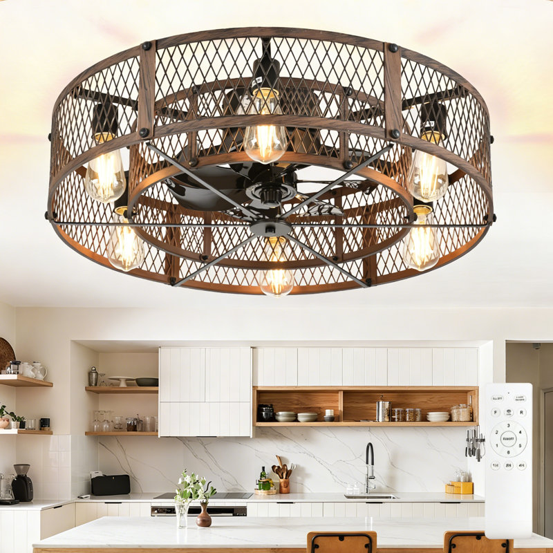  26" Walnut Caged Flush Mount Ceiling Fan with Light, Remote , Reversible 6 Speed Quiet DC Motor, Farmhouse Rustic Fandelier