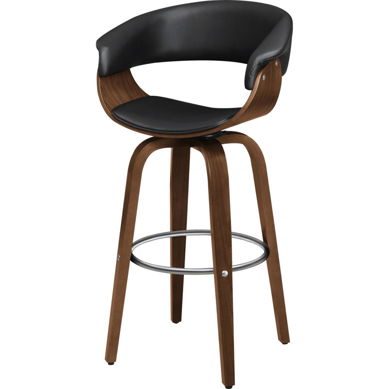 Élégant tabouret Mid-Century noir en noyer et pivotant avec siège rembourré en mousse et dossier ouvert. Fonction. Rempli. 18,51 pouces de largeur
