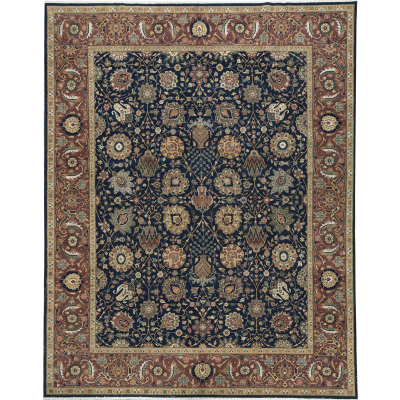 Tapis bleu et rouille de haute qualité noué à la main