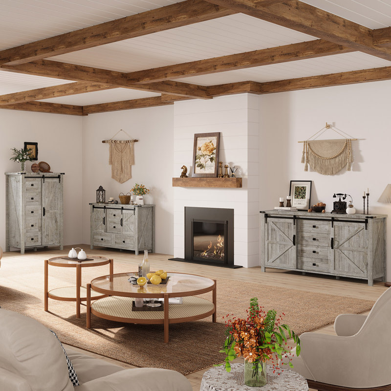 Ensemble de chambre à coucher de style maison de campagne 3 pièces, cadre de lit bibliothèque grand format, commode 5 tiroirs, commode 4 tiroirs, gris
