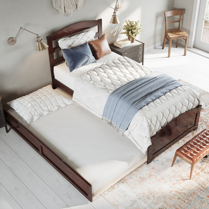 Elliana Solid Wood Platform Bed with Footboard & Trundle, Walnut, Twin