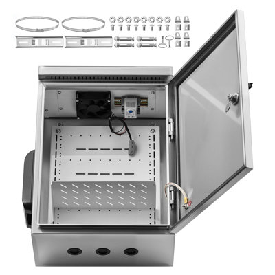 Boîte électrique extérieure, 20 x 16 x 8 po, boîtier électrique ventilé en acier inoxydable avec thermostat et ventilateur, capot de protection contre la pluie, connexion à charnière, boîte de jonction étanche IP65, montage mural/sur poteau.