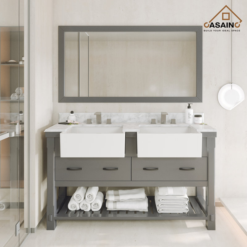 Gray and White Marble 60" Freestanding Solid Wood Bathroom Vanity