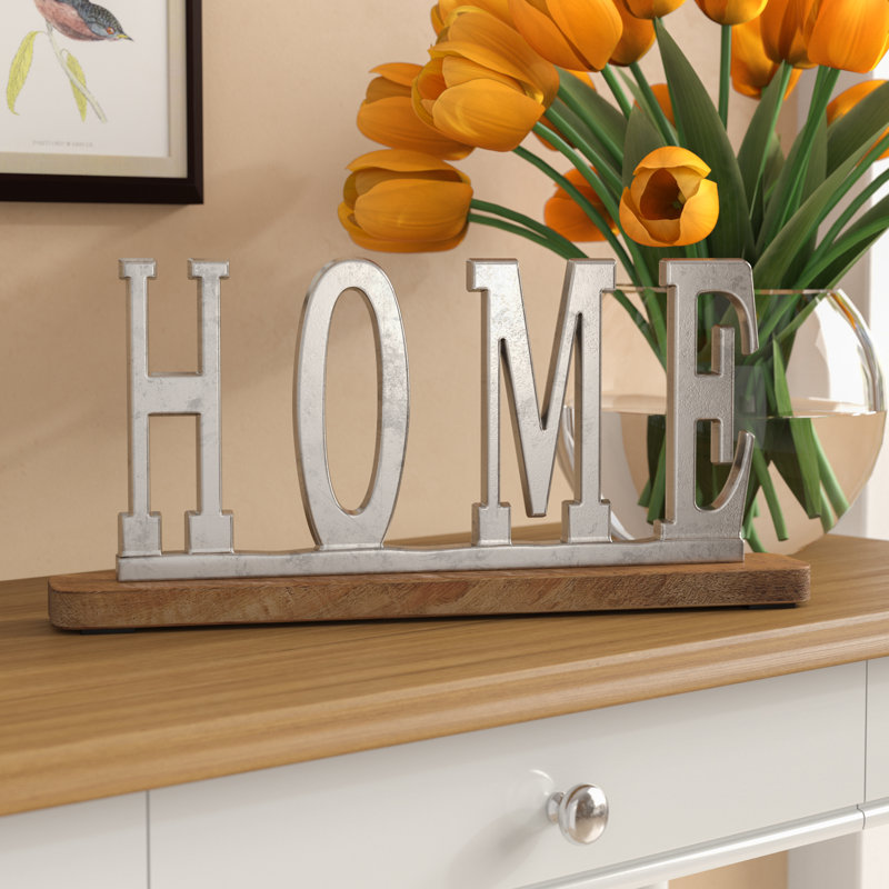Panneau décoratif en aluminium et métal argenté avec base en bois, H 6 po x l 13 po x P 2 po