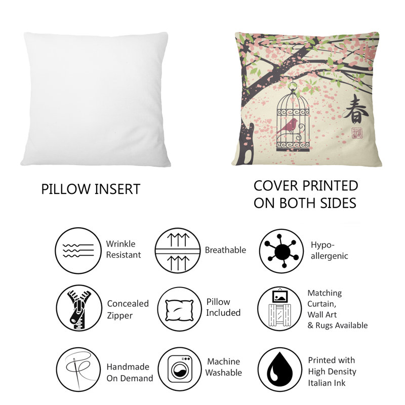 Cerisier en fleurs avec oiseau rose et signe chinois - Coussin décoratif imprimé traditionnel