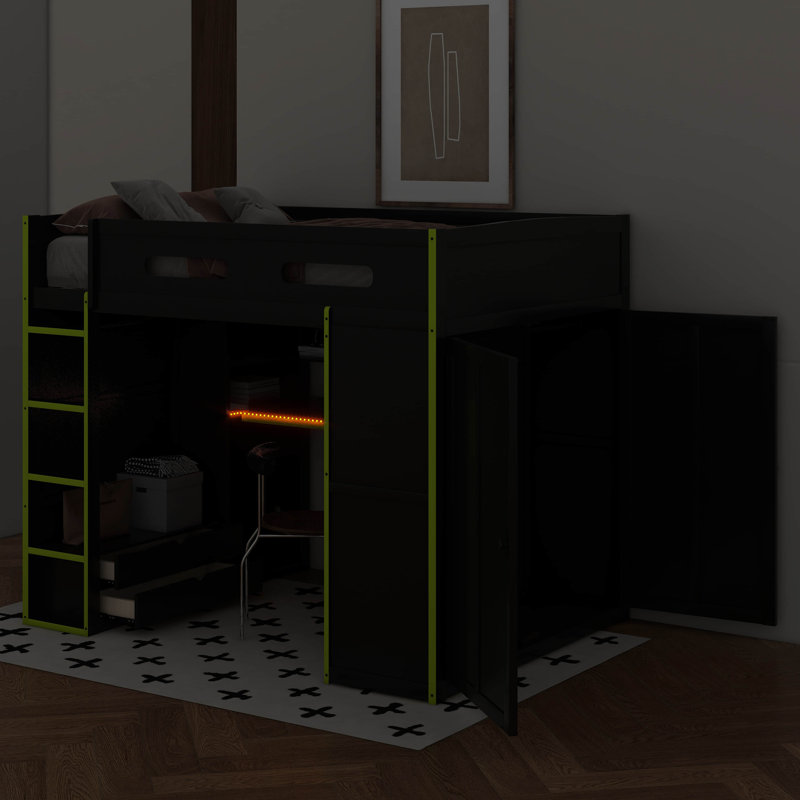 Lit mezzanine double en bois avec bureau, garde-robe, grand espace de rangement et lumière DEL RVB, Vert / noir