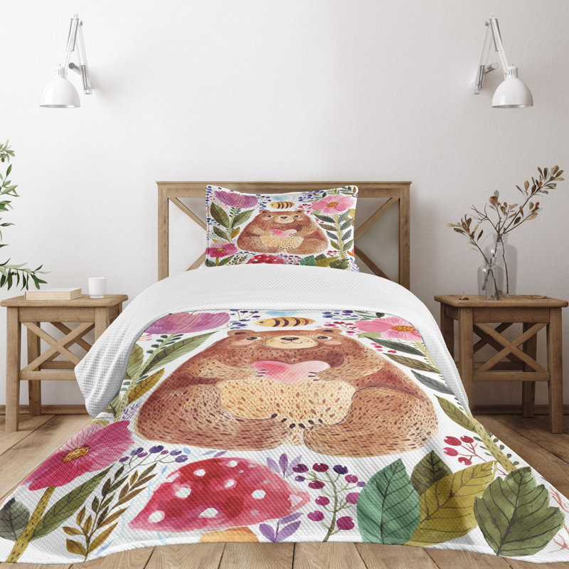 Colorful Bear and Flowers Twin Bedspread Set