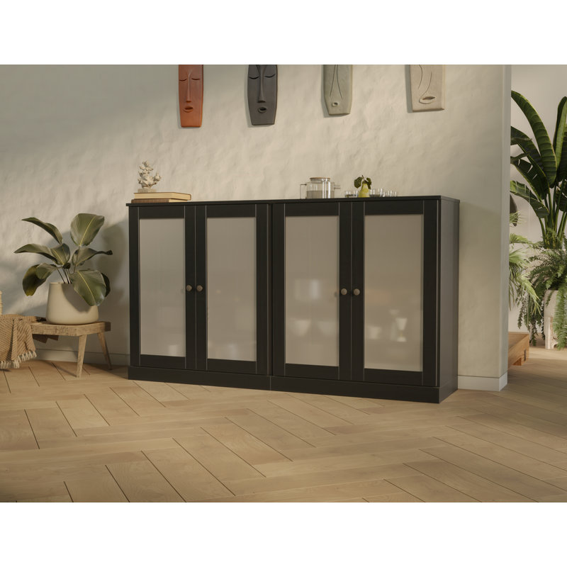 100% Solid Wood 64" Sideboard with Frosted Glass Doors, 4-Drawers and Adjustable Shelves, Black