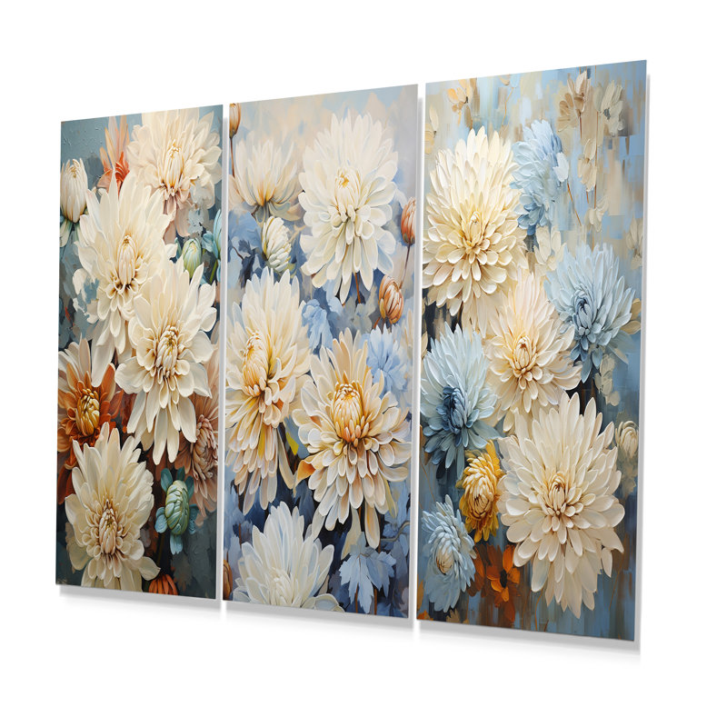 Minimalisme Blooming Mums, peinture en bleu et or - ensemble de 3 impressions de mamans sur métal, H 28 po x l 36 po
