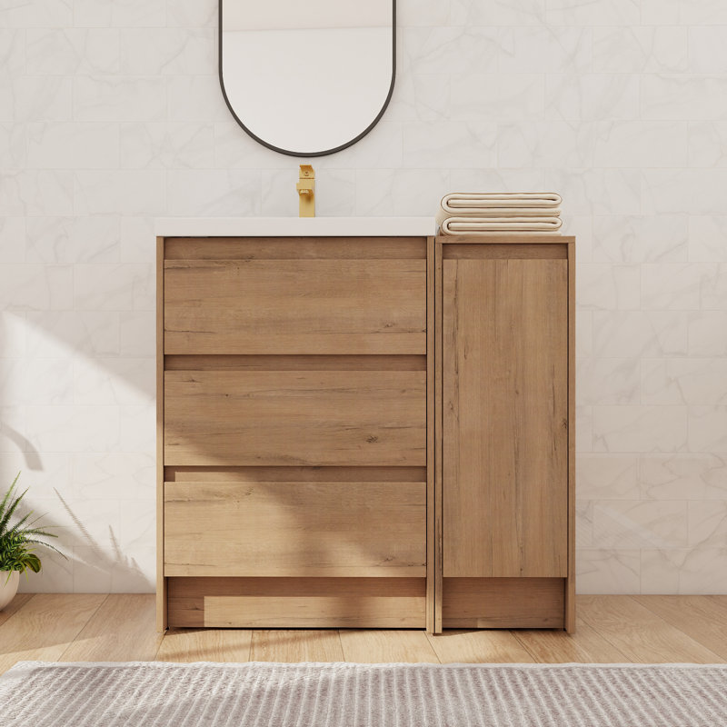 36" Single Freestanding Bathroom Vanity with Resin Sink, Floor Standing Bathroom Vanity with 1 Door, 3 Drawers, 1 Adjustable Shelf