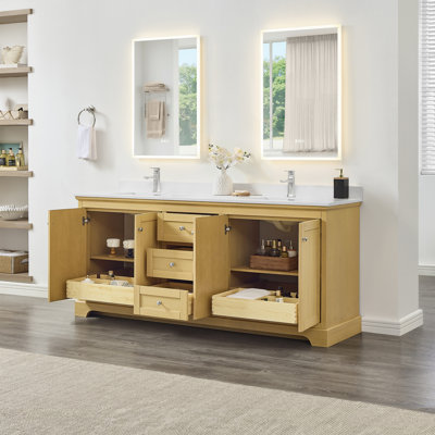 Meuble-lavabo double 80 po Avery en chêne miel, comptoir en quartz blanc, lavabos carrés encastrés (1 trou), garniture en chrome poli