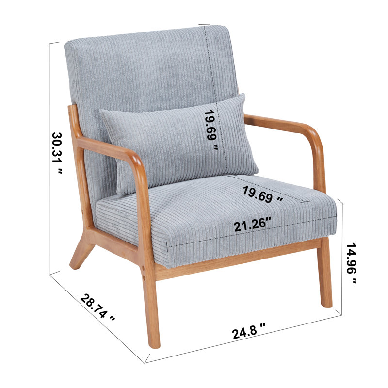 Chaise avec accoudoirs rembourrée gris clair et coussin Mid-Century Modern, Naturel, Gris clair