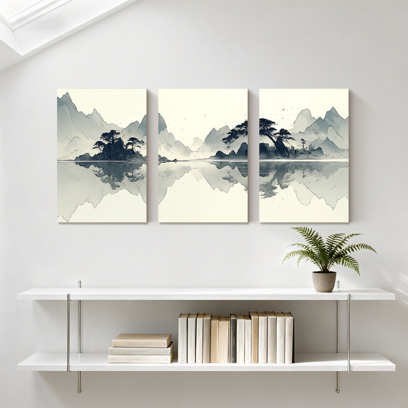 Paysage et nature montagne lac réflexion arbres ciel eau paysage ensemble de 3 impressions d'art sur toile, H 24 po x l 48 po