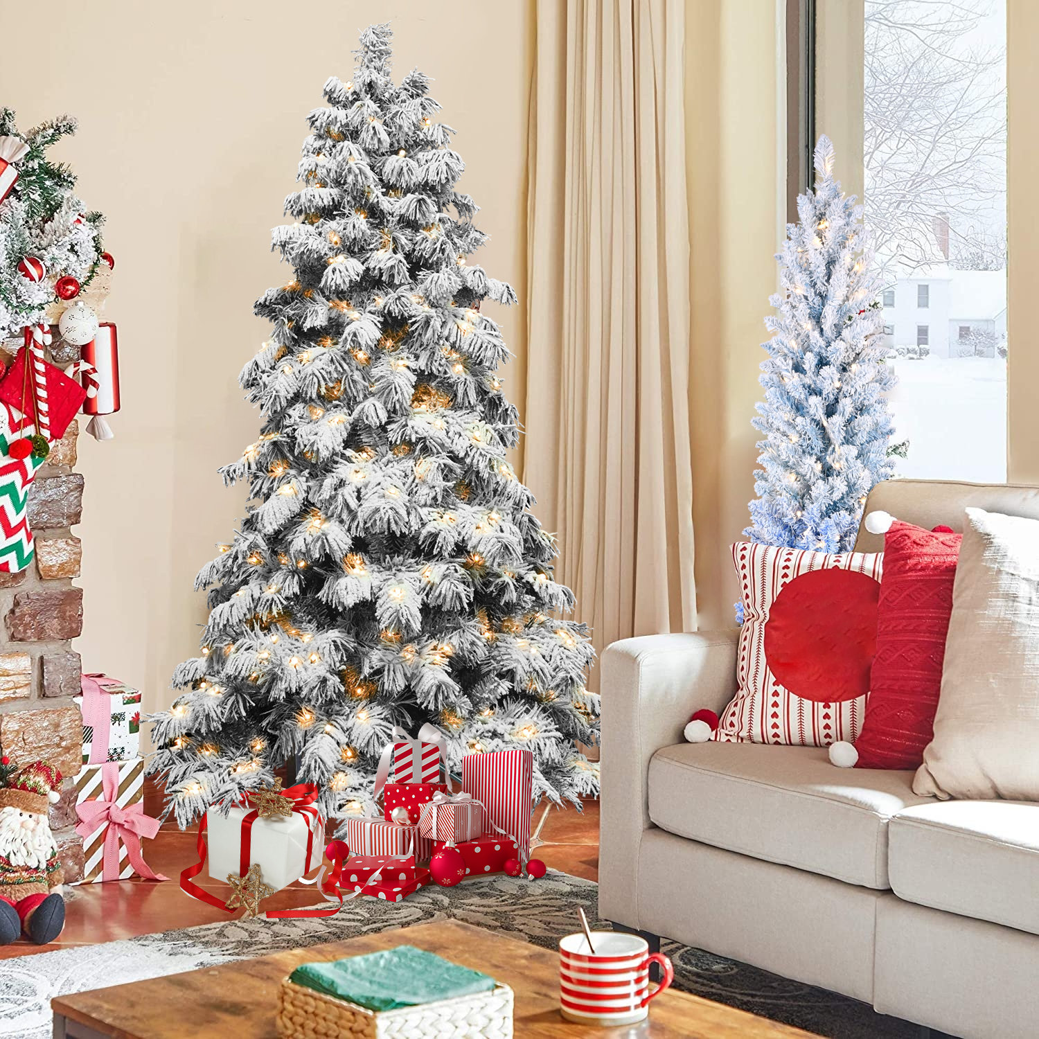 Pre-Lit Snow Flocked Christmas Tree with PVC Branches, LED Lights, Foldable Metal Base, 8'