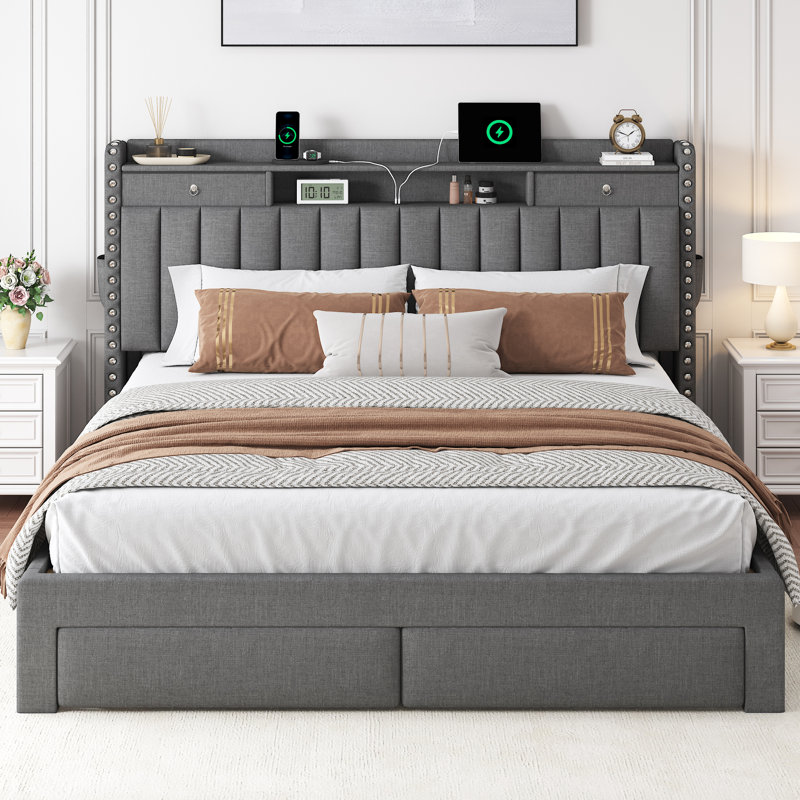 Lit plateforme double entièrement recouvert de lin gris, avec 4 tiroirs, tête de lit ouverte avec rangement, station de charge USB et Type-C intégrée, sommier non requis, montage facile en 30 minutes.