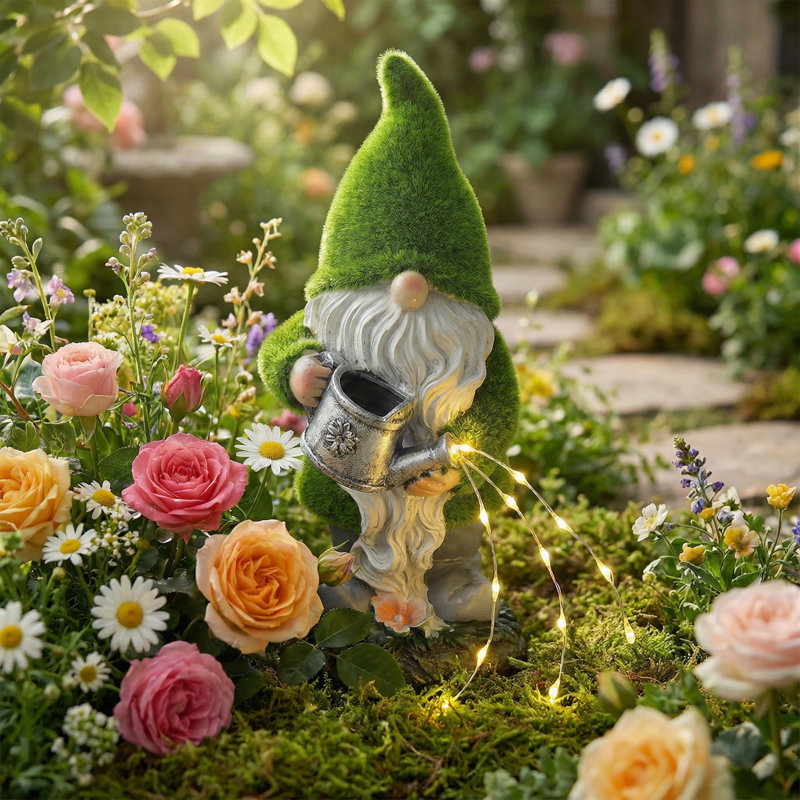 Solar Flocked Garden Gnome Statue with Watering Can String Lights, Outdoor Yard Art Decor