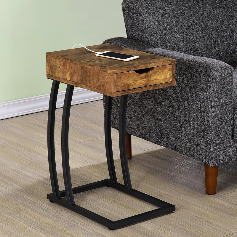 Table antique en muscade avec base en bronze industriel et rangement fonctionnel pour tiroir, Brun