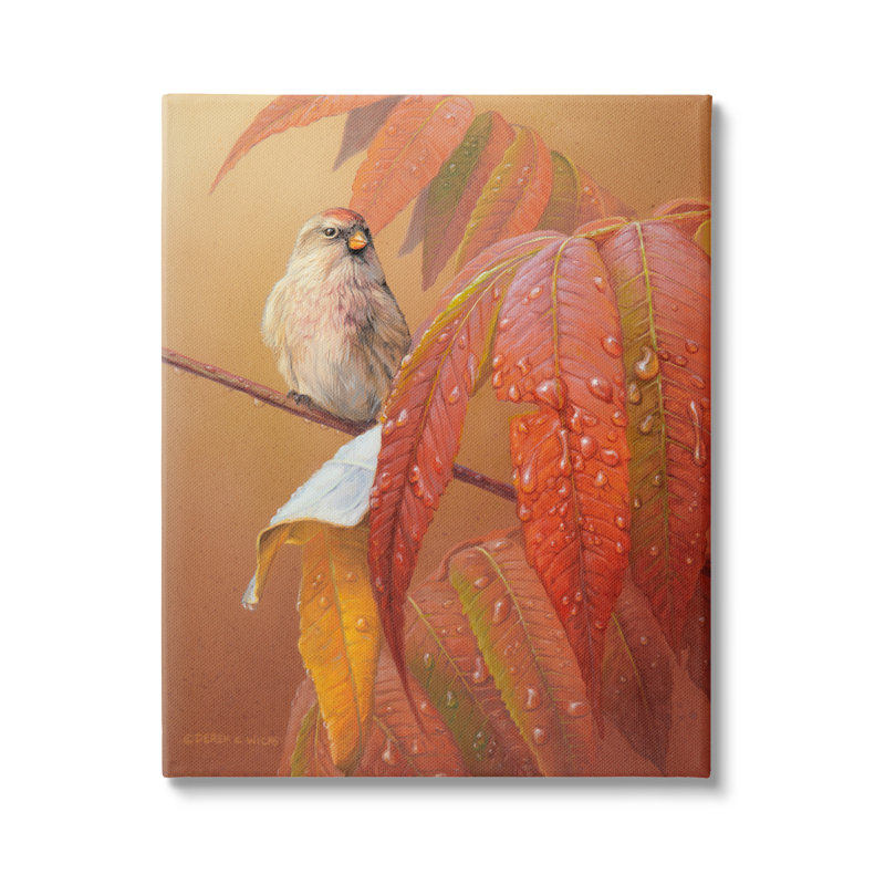Oiseau sur une branche automnale sur toile par Derek Wicks, H 48 po x l 36 po x P 1,5 po