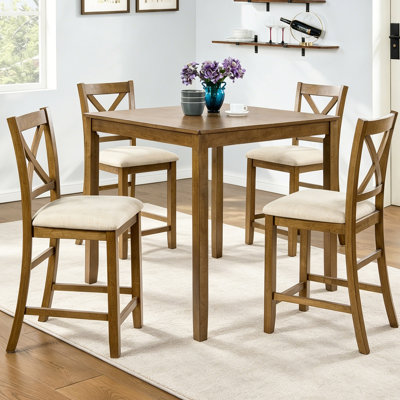 Ensemble de salle à manger 5 pièces à hauteur de comptoir - table carrée et 4 chaises à dossier en X, structure en bois massif, surface imperméable, assemblage facile