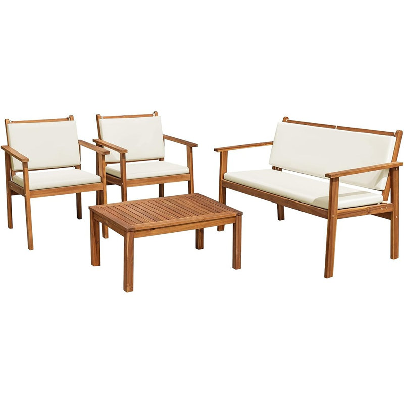 Ensemble de mobilier de patio 4 pièces en bois d'acacia, ensemble de sièges d'extérieur, fini naturel