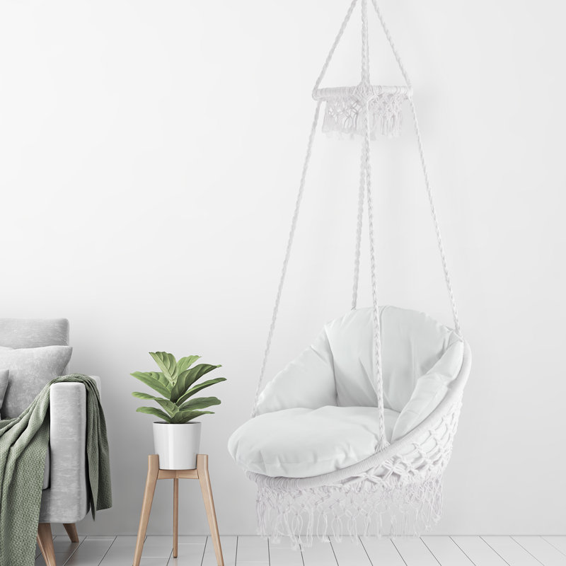 Vivere Deluxe Polyester Macrame Chair with Removable Plush Cushion and Fringe, White