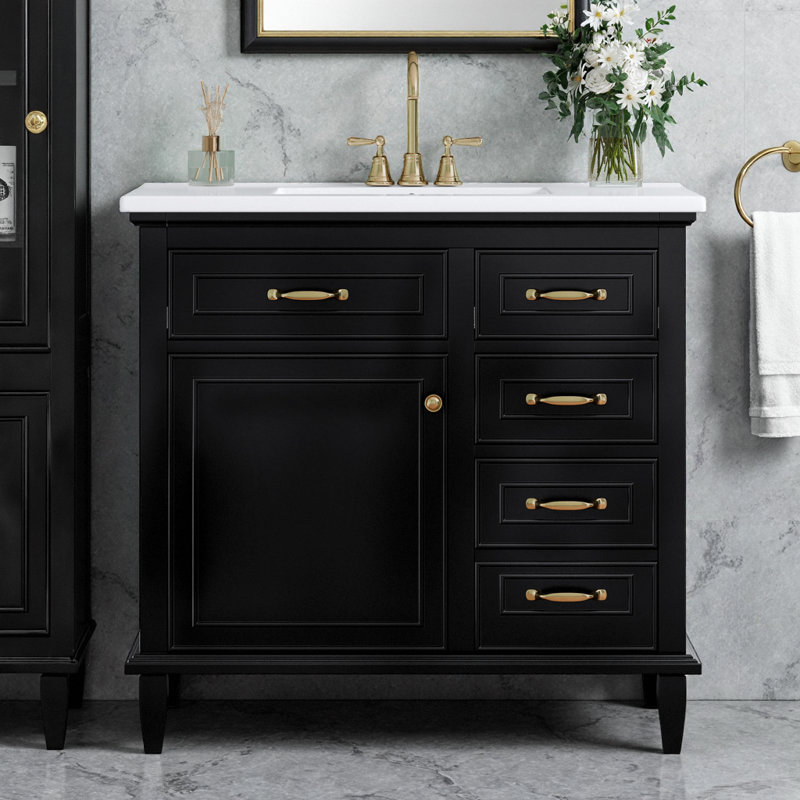 Modern Black 36" Bathroom Vanity with Ceramic Sink Top, Flip Drawers & Soft-Close Doors - Freestanding Storage Cabinet
