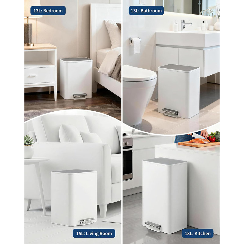 Poubelle à pédale de 15 L en acier inoxydable blanc, couvercle à fermeture douce, mains libres, 15L 29,5 * 26 * 43cm blanc