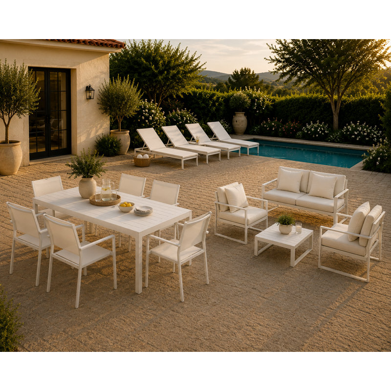 Chester 15-Piece Modern Outdoor Dining & Lounge Set – Complete Aluminum Patio Furniture Collection, White, White