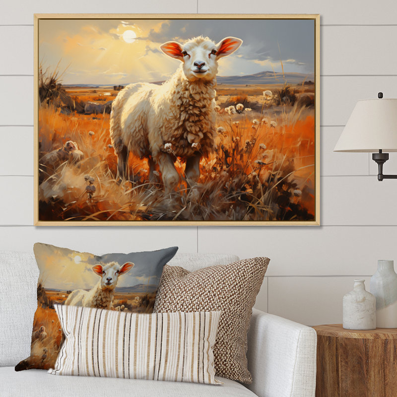 «Sheep In Sunlight I» sur toile, Cadre naturel flottant, H 24 po x l 32 po x P 1 po
