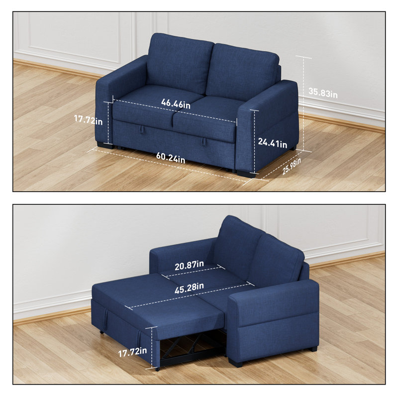 60.2" Linen Upholstered Convertible Sofa Bed with USB Charging Port, Blue