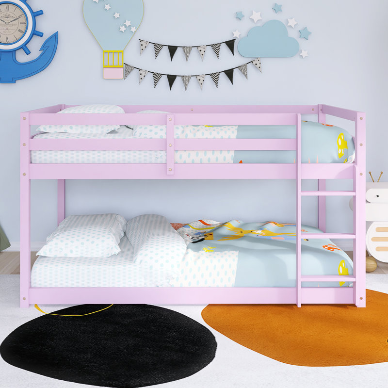 Wood Frame Twin Over Twin Size Bunk Bed With Ladder,Strengthened Slats, Pink