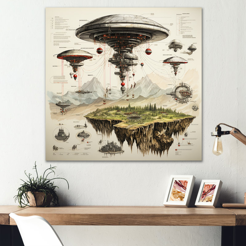 " Diagrammatic Drawing UFOs ", 16" H x 16" W, Gold Picture Framed