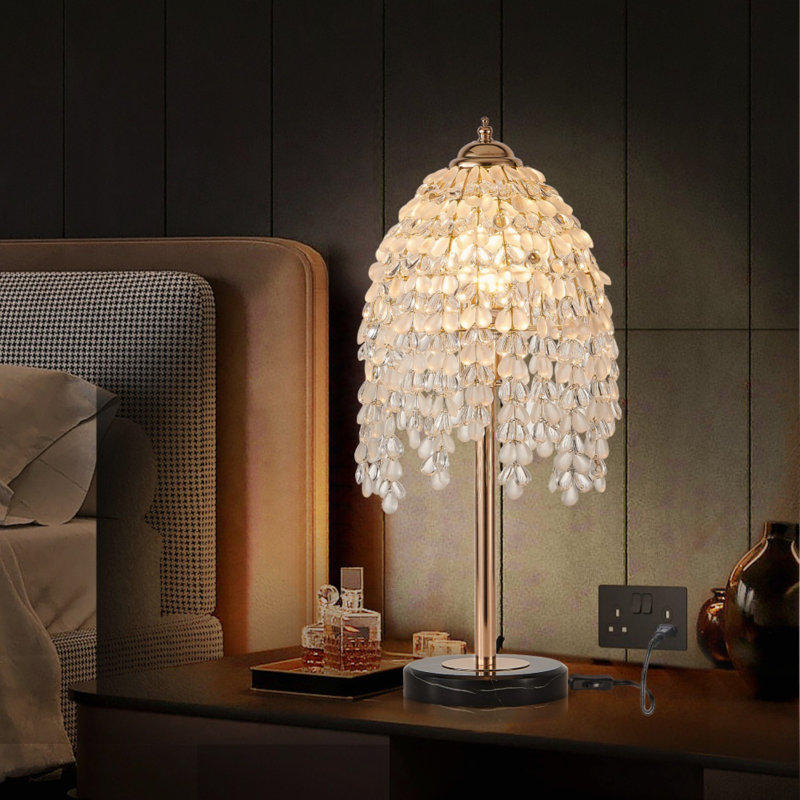 19" Elegant Crystal Table Lamp – Vintage Waterfall Design With Teardrop Grape Crystal Bead String Shades And Marble Textured Base For Living Room, Bedroom, Or Office (bulb Not Included) 