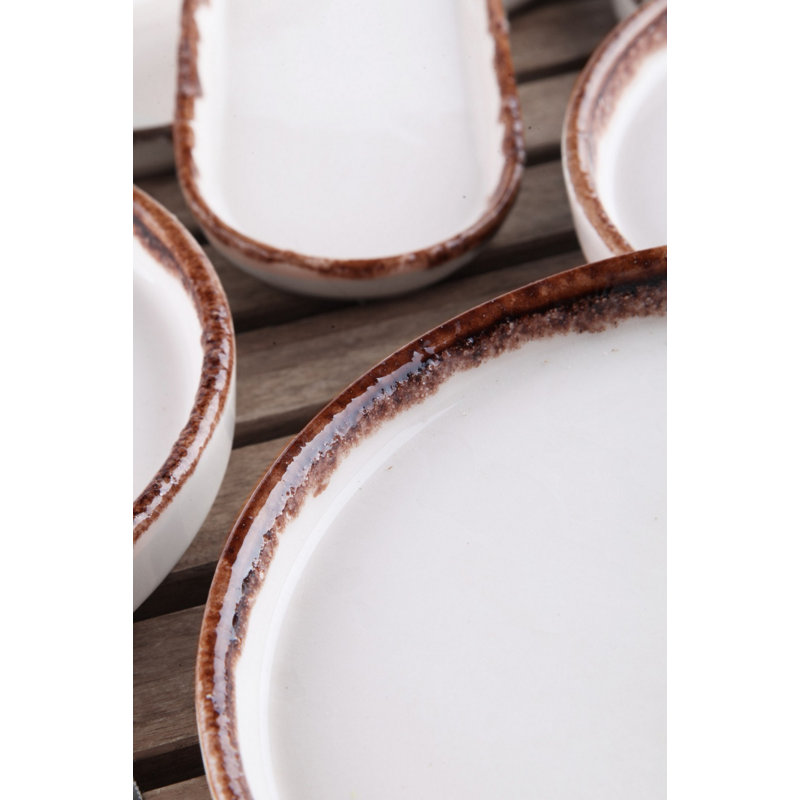 14-Piece Ceramic Breakfast Set, Brown & White | Includes 6 Plates (7.5 in), 2 Platters (9.8 x 4.3 x 1.4 in), 6 Bowls (4.1 x 4.1 x 1.4 in, 5.1 fl oz) | Dishwasher Safe | Elegant & Functional Dining Experience